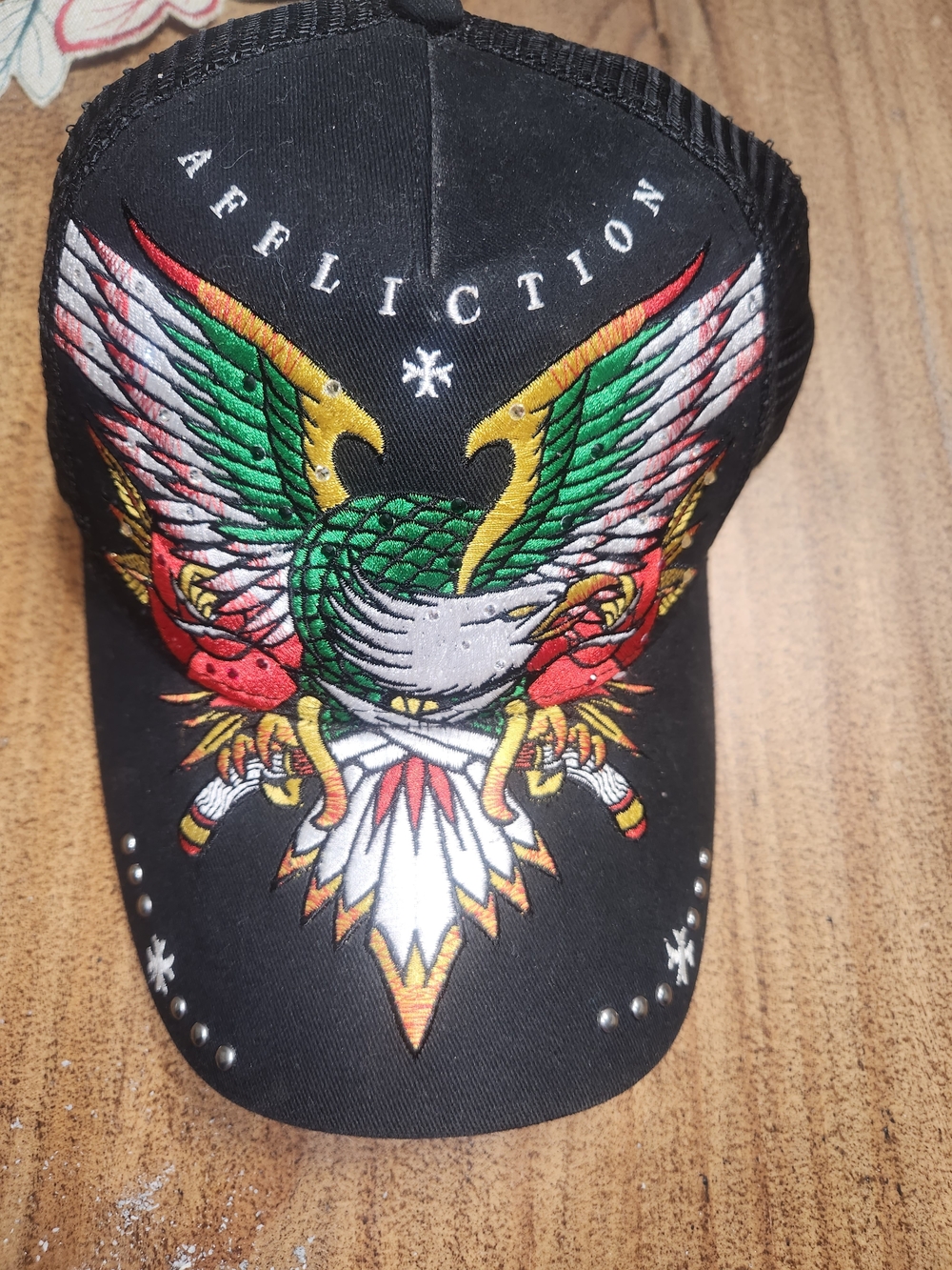 Affliction Black Trucker Hat with Multicolor Embroidered Eagle